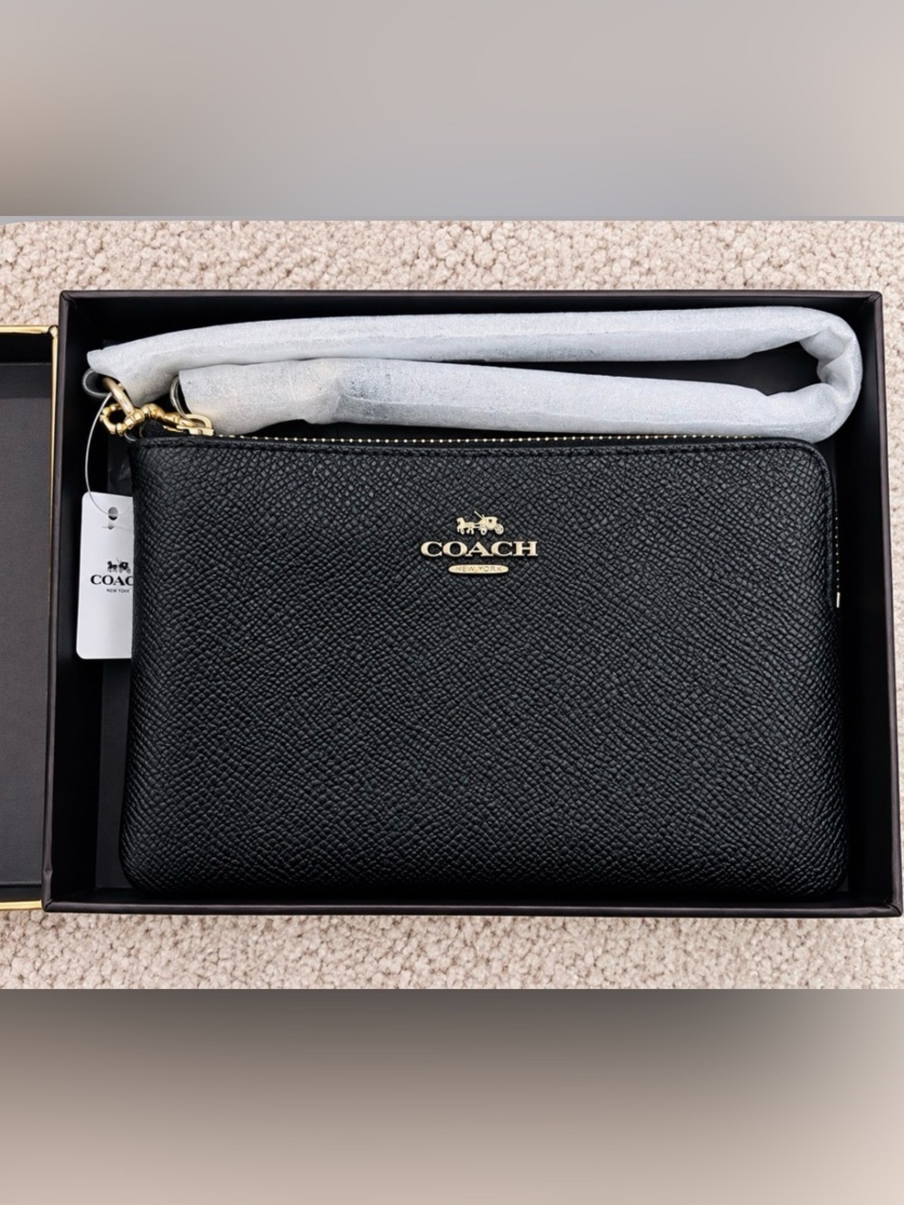 Coach Black Pebbled Leather Wristlet with Gold Logo